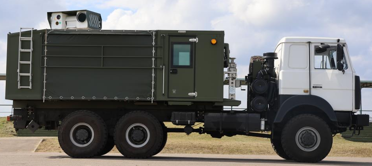 Fenix laser complex container and turret on a MAZ 6x6 chassis