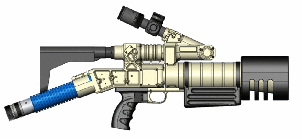 EGI Laser Weapon System: man-portable counter-UAV laser gun with optical sight and backpack power cable