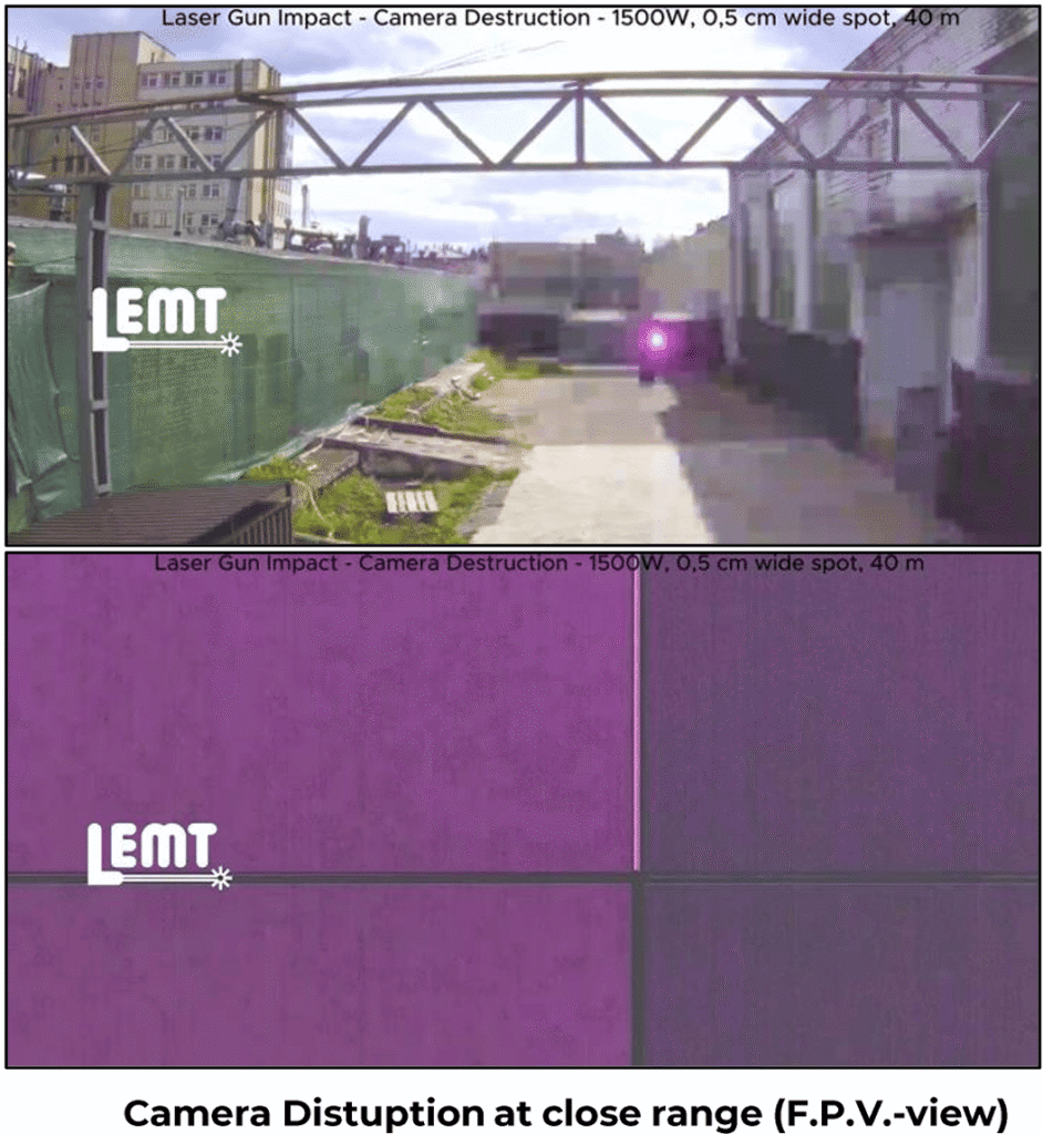 FPV drone camera view before and during laser dazzling at close range