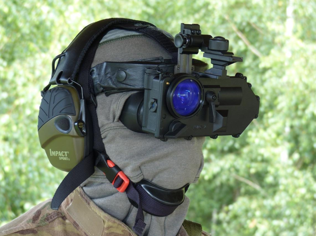 Soldier wearing the NV/M-19 Gen 4 night vision monocular on a helmet mount